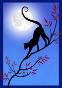 Chat noir sur une branche sous la lune